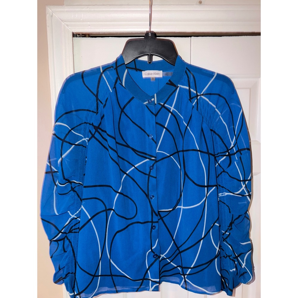 Calvin Klein Blue Abstract Geometric Print Button Down Blouse